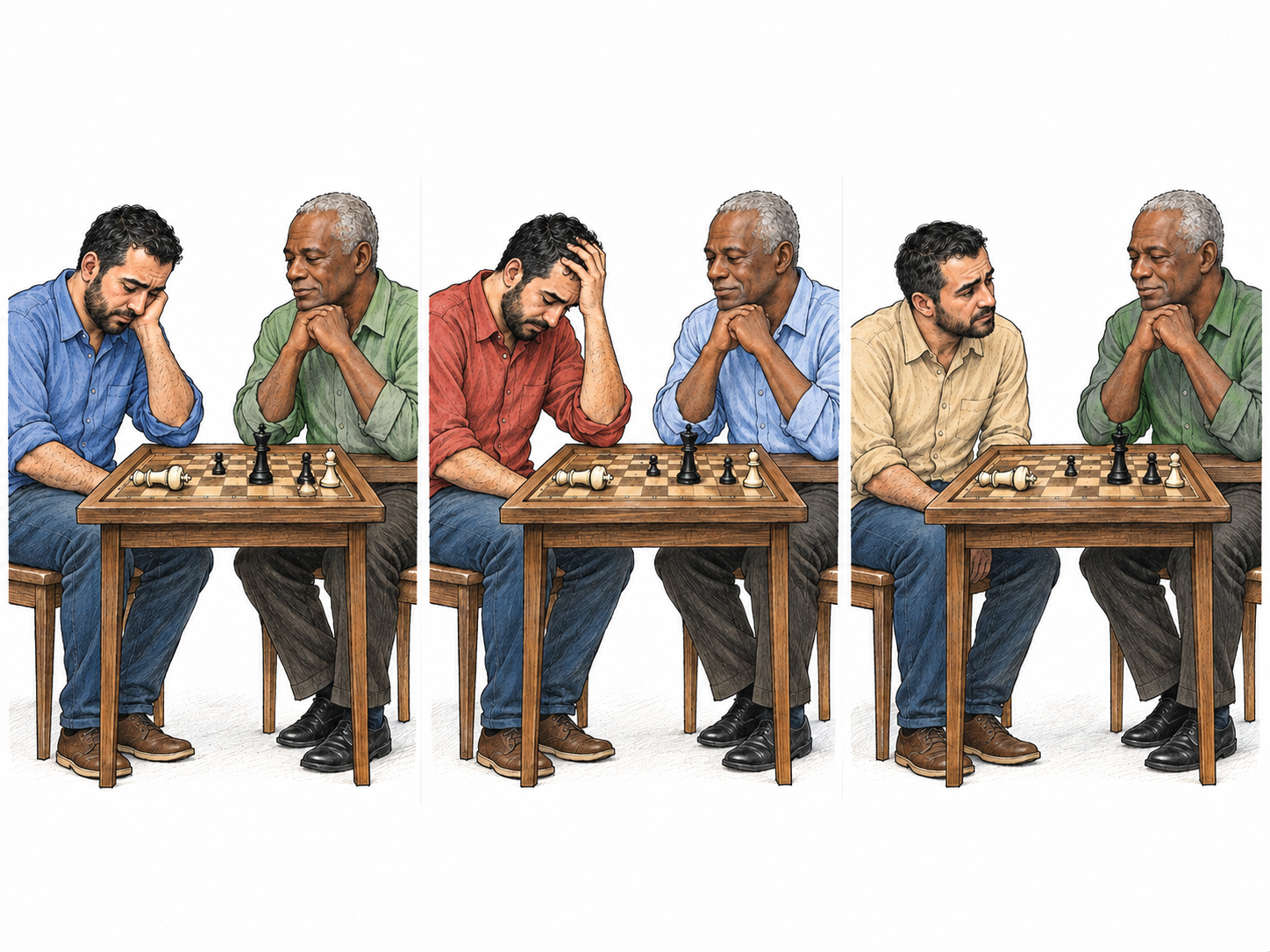 A text-free three-panel sequence shows the same chess player repeatedly defeated by the same composed opponent.