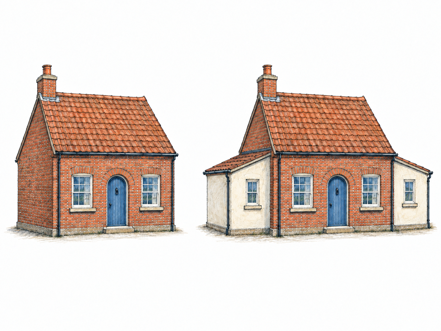 A text-free paired view of the same house: first a small brick cottage alone, then that exact cottage retained as the central part of a larger house with newer side extensions.