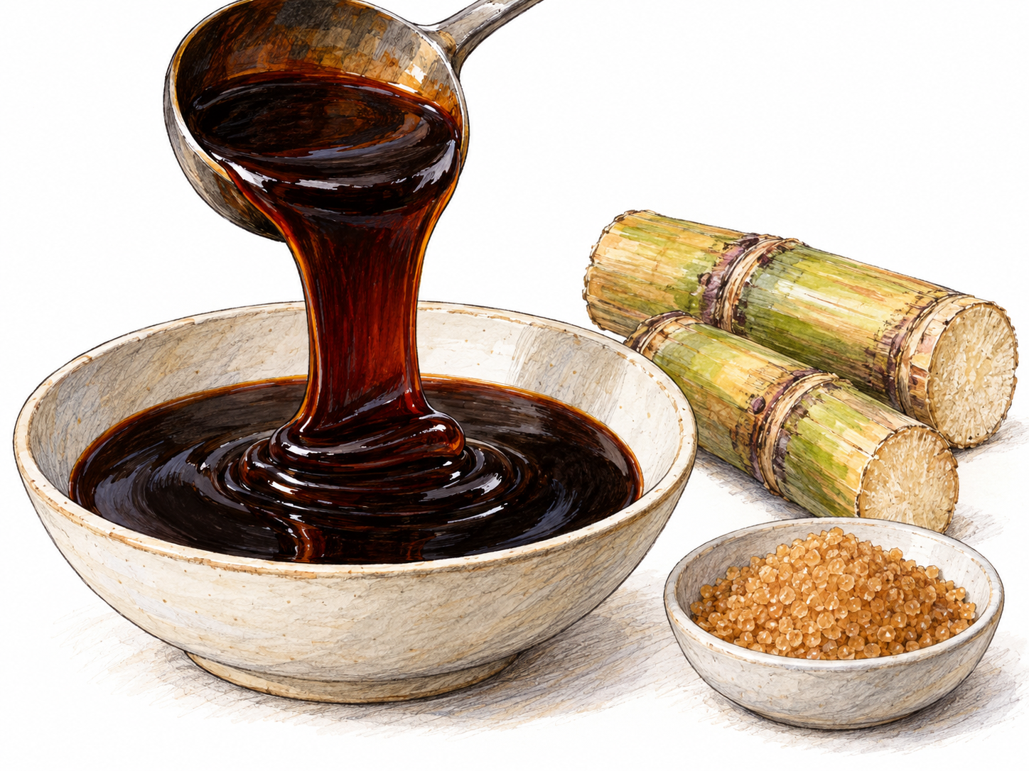A broad, slow ribbon of nearly black reddish-brown molasses pours from a tilted metal ladle into a shallow ceramic bowl, folding into a glossy mound.