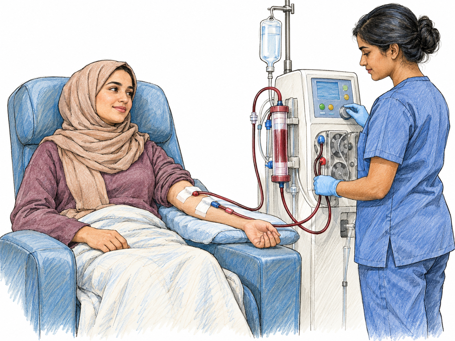 A young adult woman receives hemodialysis in a reclining clinic chair while a nurse checks the nearby dialysis machine.