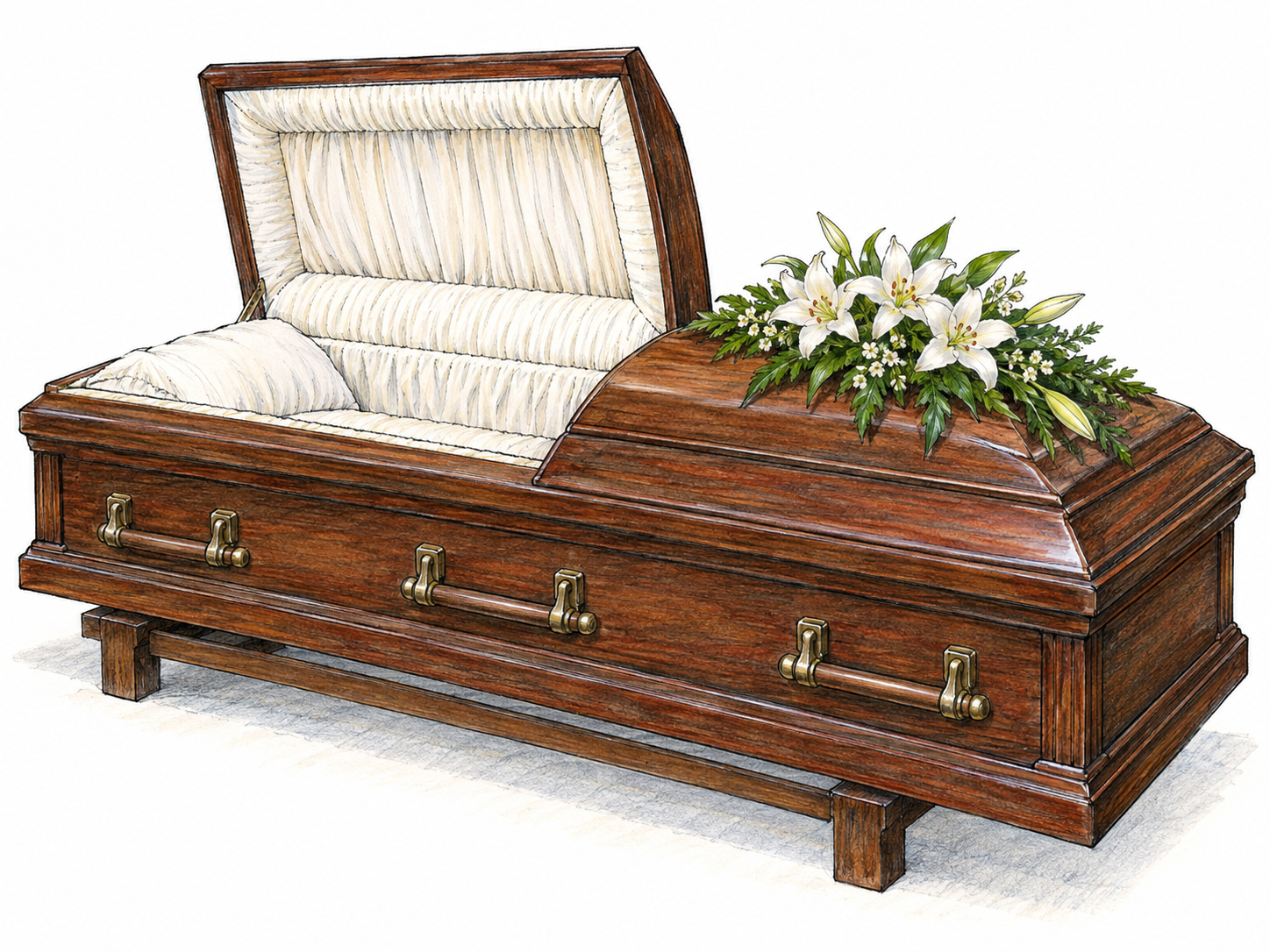 An adult-sized polished wooden burial casket with a partially raised lid revealing its padded interior, supported on a simple funeral bier.