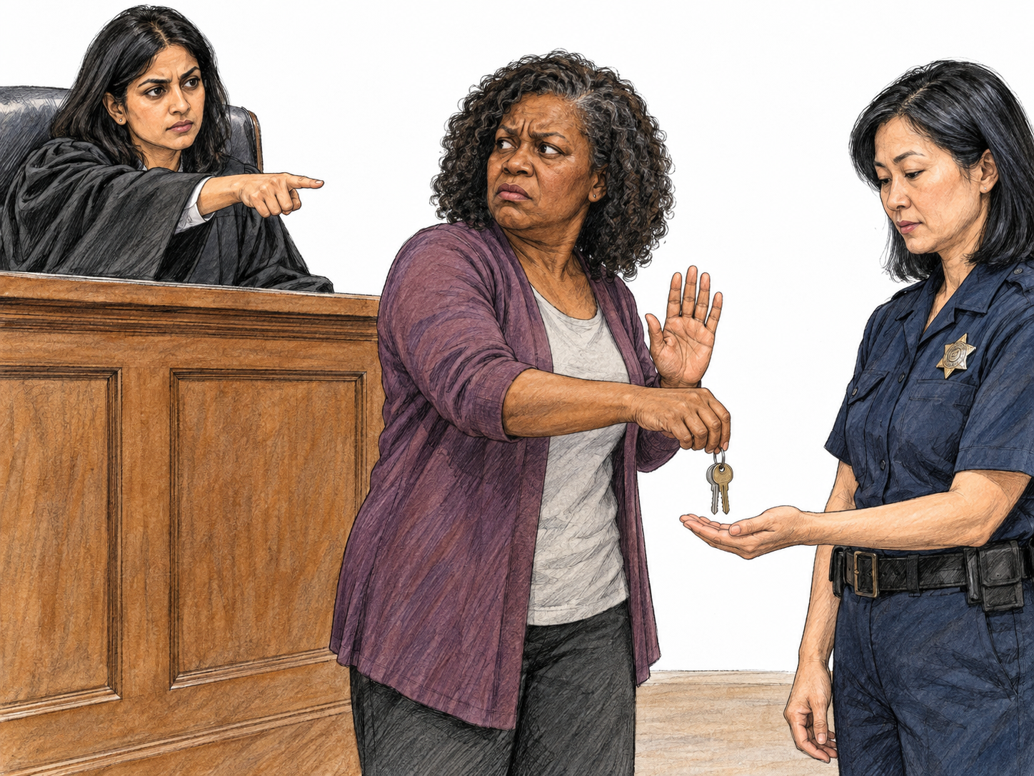 An official decision imposed through a judge's unmistakable command and an officer's immediate enforcement: a protesting participant reluctantly surrenders her keys.