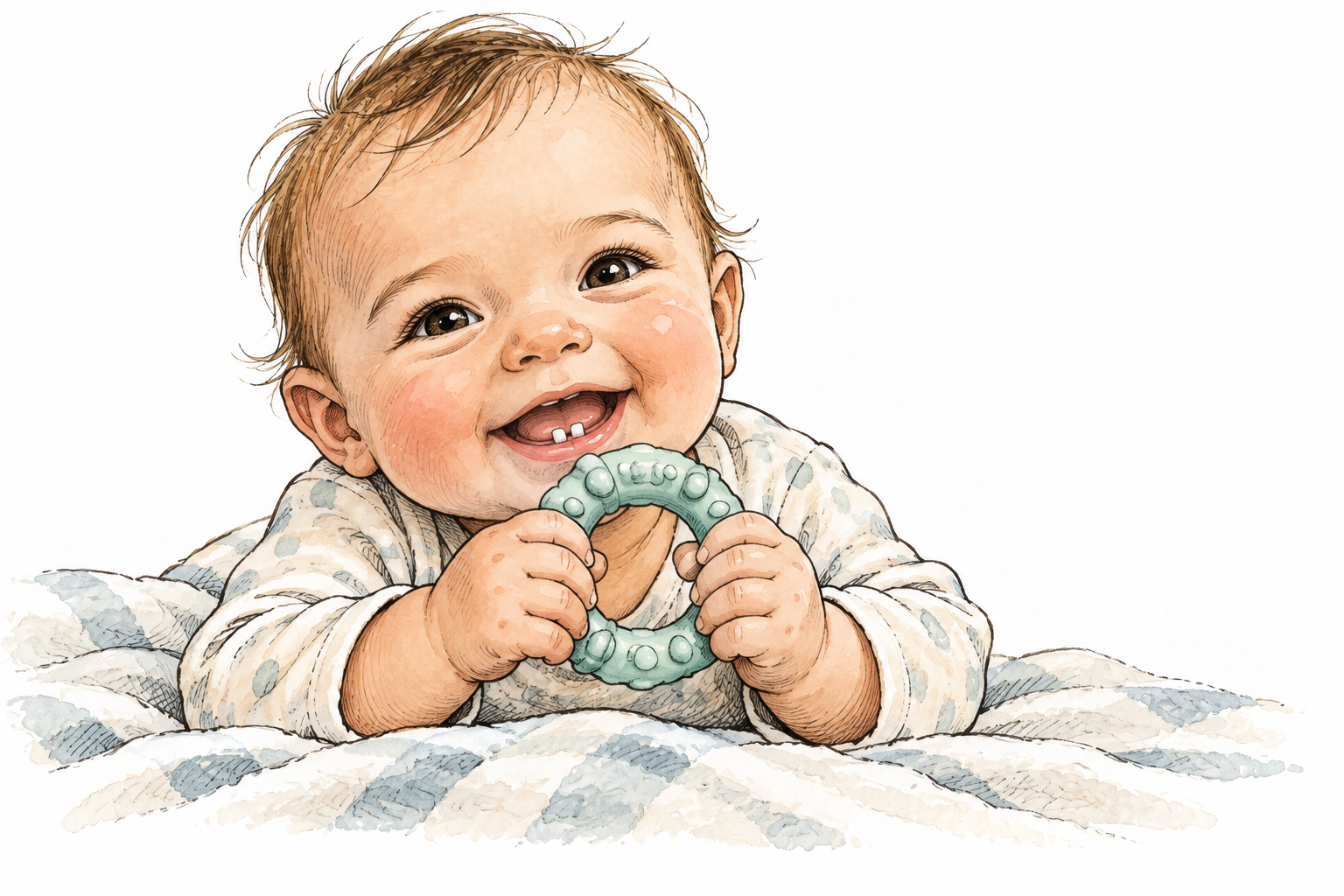 A smiling infant has first two tiny lower teeth emerging through gums and holds a safe teething ring, no text.
