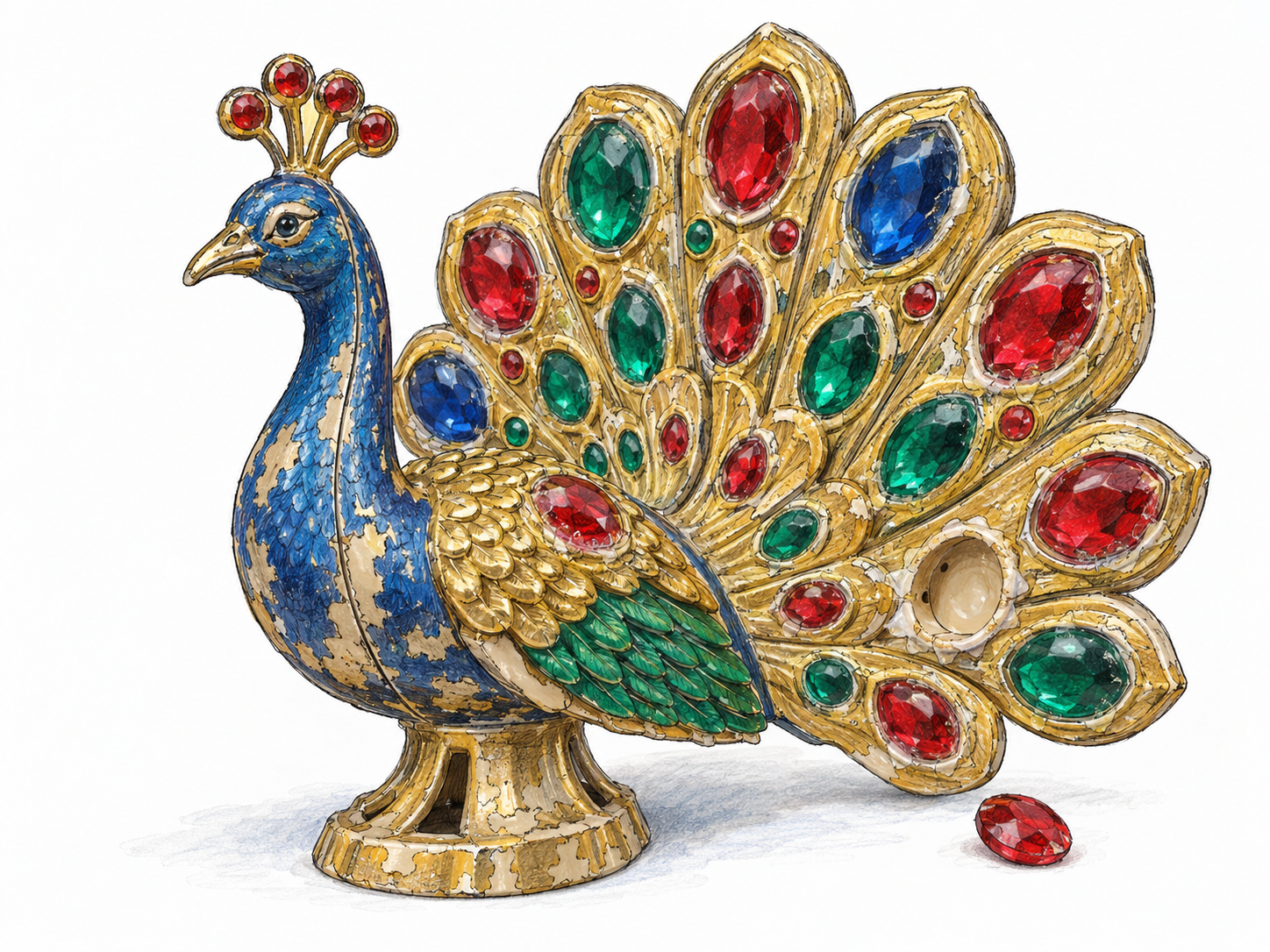 A gaudy miniature plastic peacock ornament with oversized imitation jewels, visibly flimsy construction, and peeling metallic paint: an ostentatious trinket with no practical function.