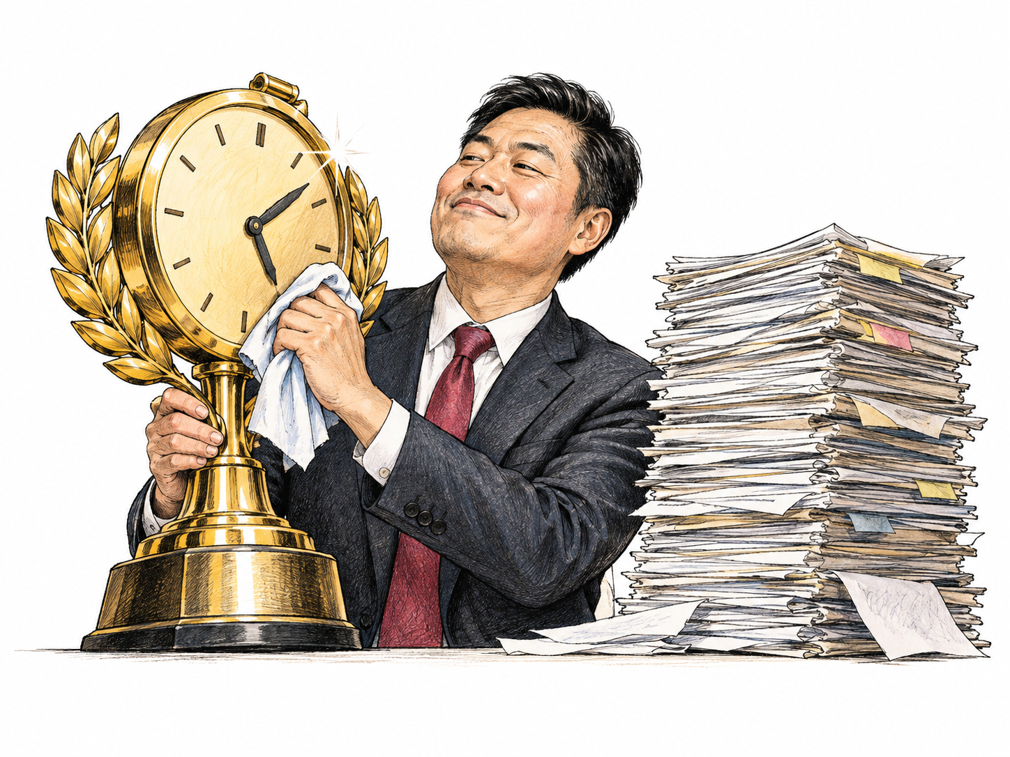Executive proudly polishes oversized clock-shaped efficiency trophy while neglected paperwork towers beside his idle hands; comic contradiction criticizes empty claims of efficiency.