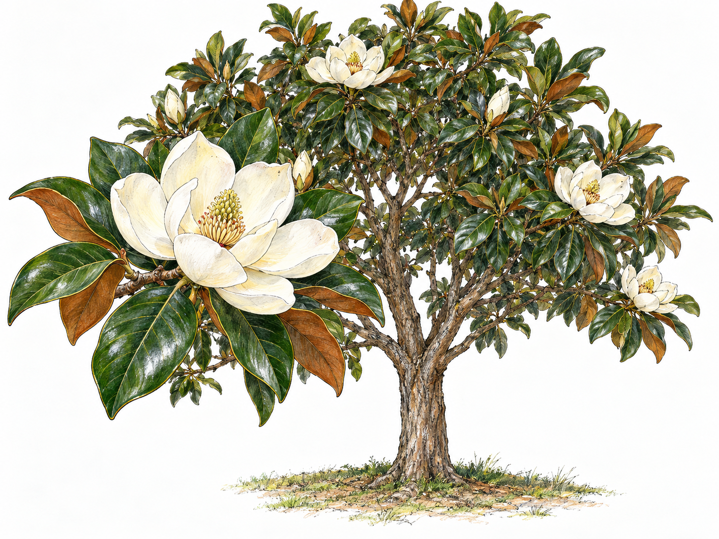 A compact southern magnolia tree with glossy oval leaves and conspicuous large, creamy-white flowers, including one foreground bloom shown clearly enough to reveal its characteristic thick petals and central cone.