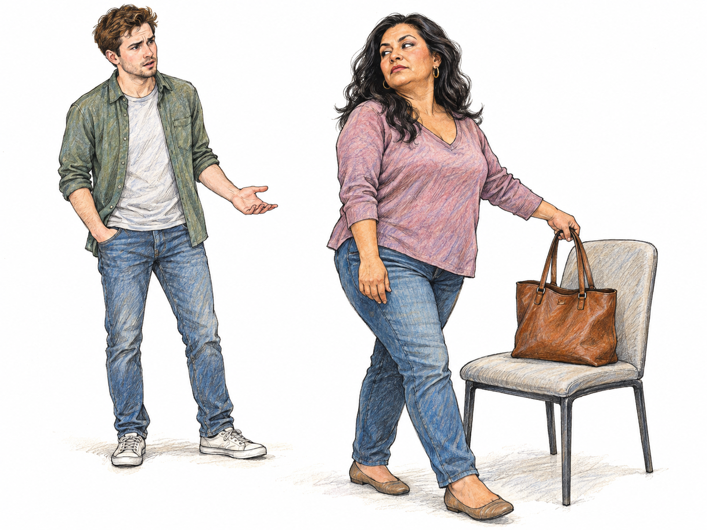 An older woman deliberately pushes past a young man waiting for a single chair and plants her handbag on the seat, giving him a dismissive look as he reacts with restrained disbelief.