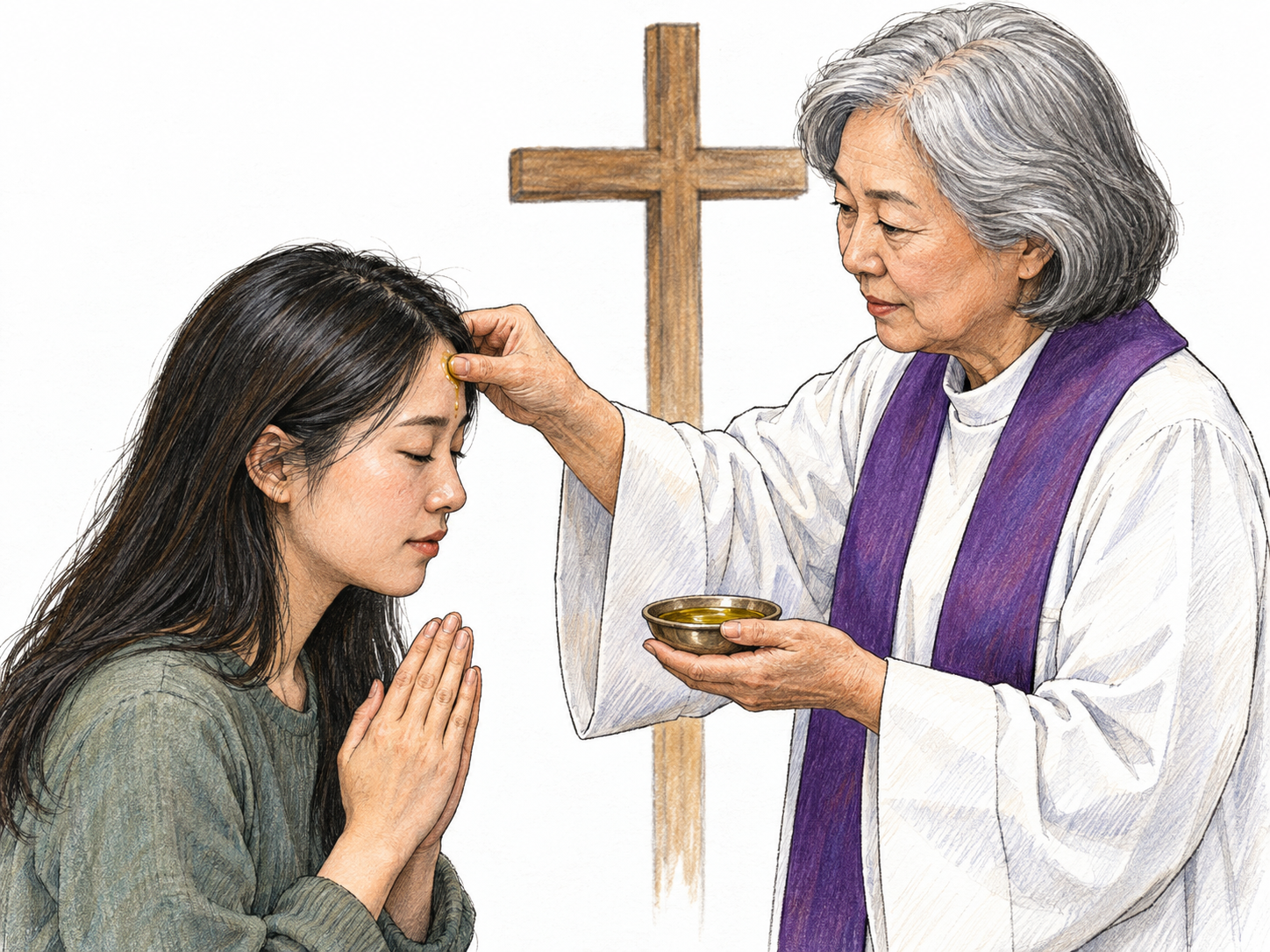 A robed Christian minister touches oil to a kneeling woman's forehead in a ceremonial blessing, with a small open oil vessel clearly visible in the minister's other hand.