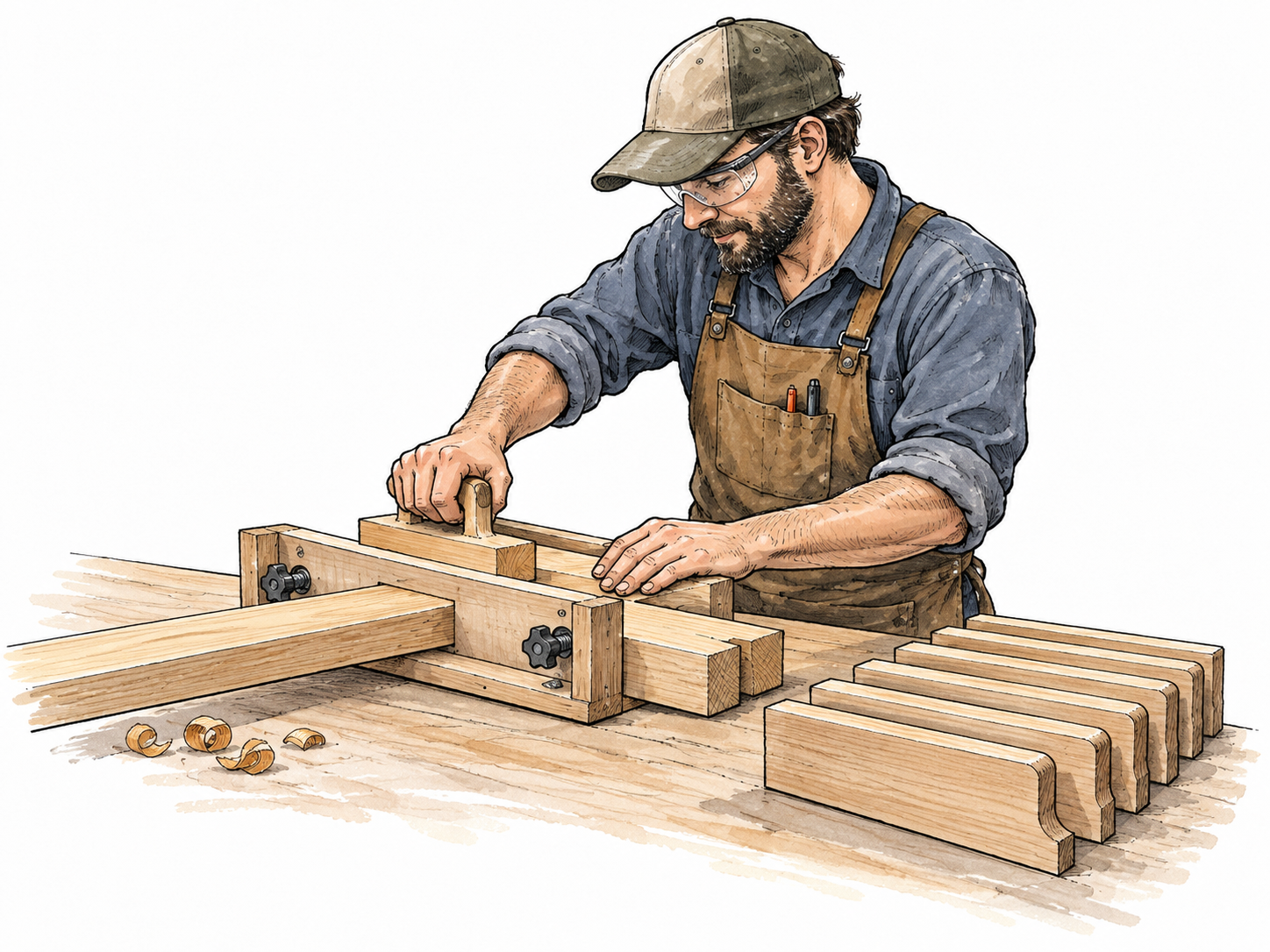 A tidy workshop worker uses an organized jig to produce matching pieces with little offcut waste.