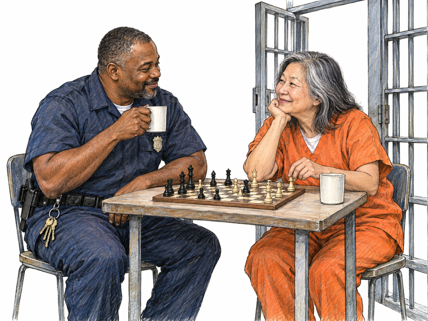 A uniformed prison guard and an inmate sit together inside an open barred cell, smiling companionably over a chess game and two mugs of tea.