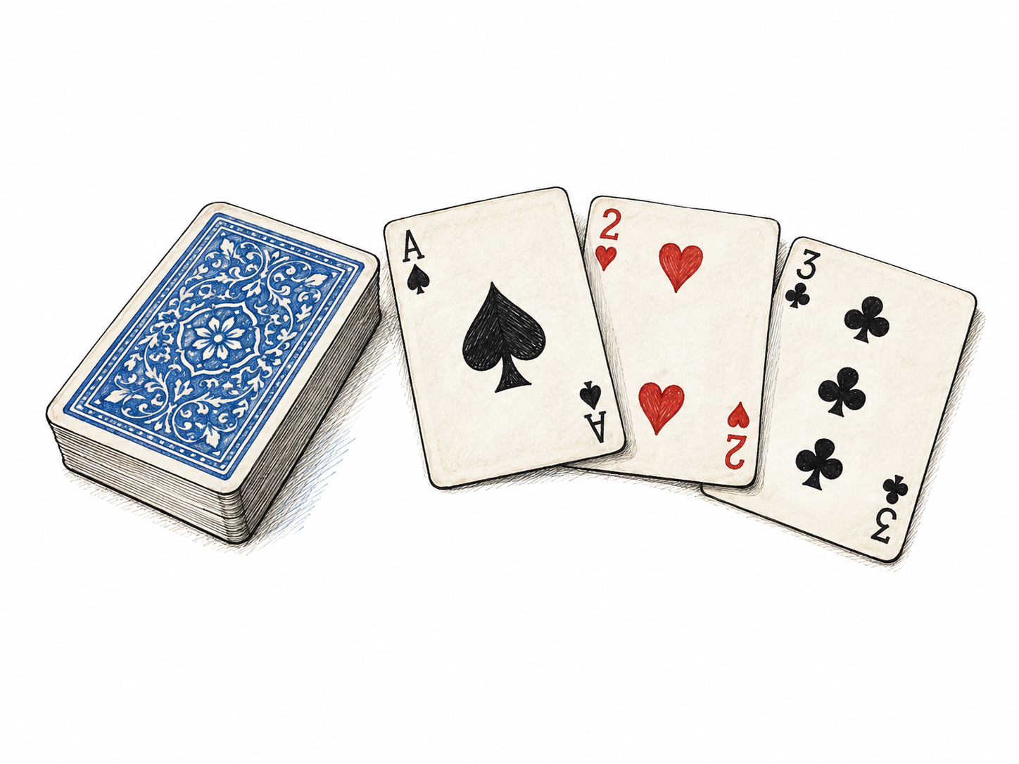 One squared deck of ordinary playing cards with patterned backs lies beside exactly three face-up cards: ace of spades, two of hearts, three of clubs.