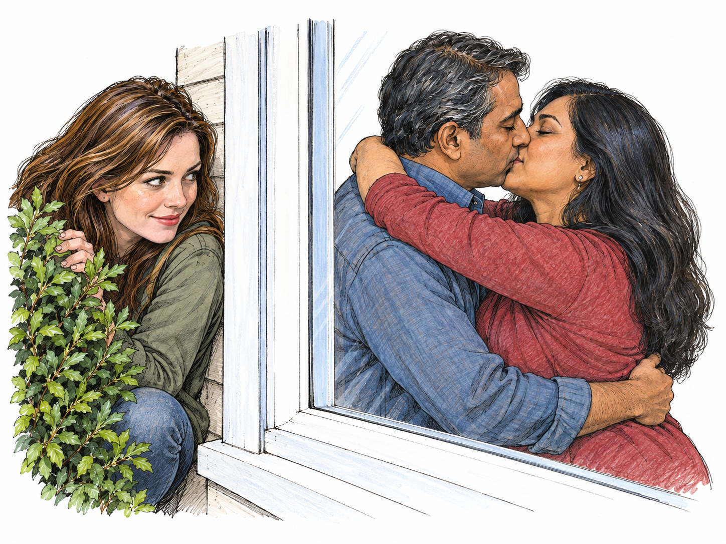 A concealed onlooker smiles with absorbed pleasure while secretly watching a fully clothed adult couple kiss through their home window.