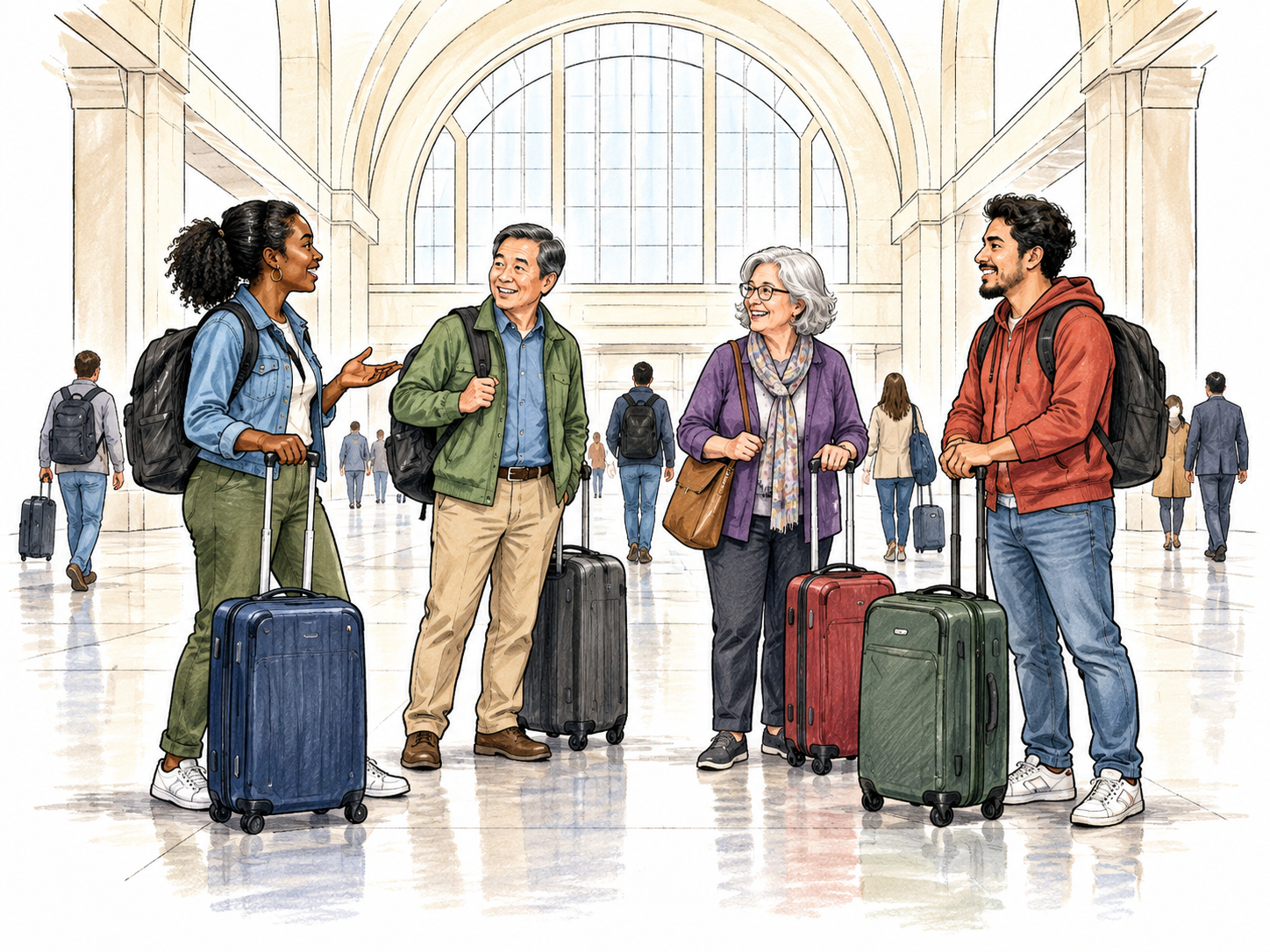 Open transit-hall concourse vignette with a handful of people gathering with luggage beneath high arch, sparse architectural outline, no signs.