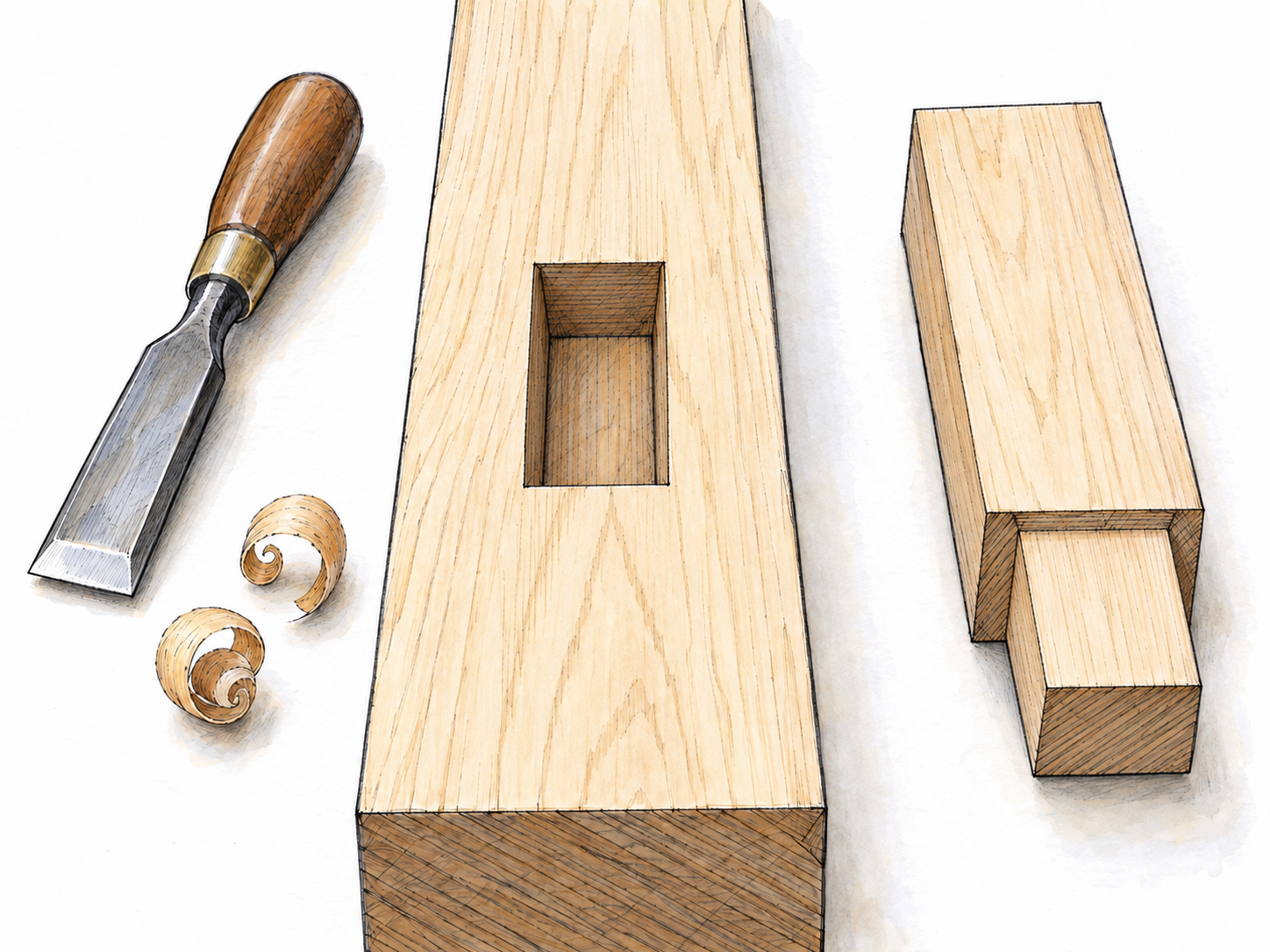 A near-overhead workbench close-up of a freshly cut rectangular mortise, with a matching shouldered tenon laid flat beside it for comparison rather than positioned as an exploded joint.