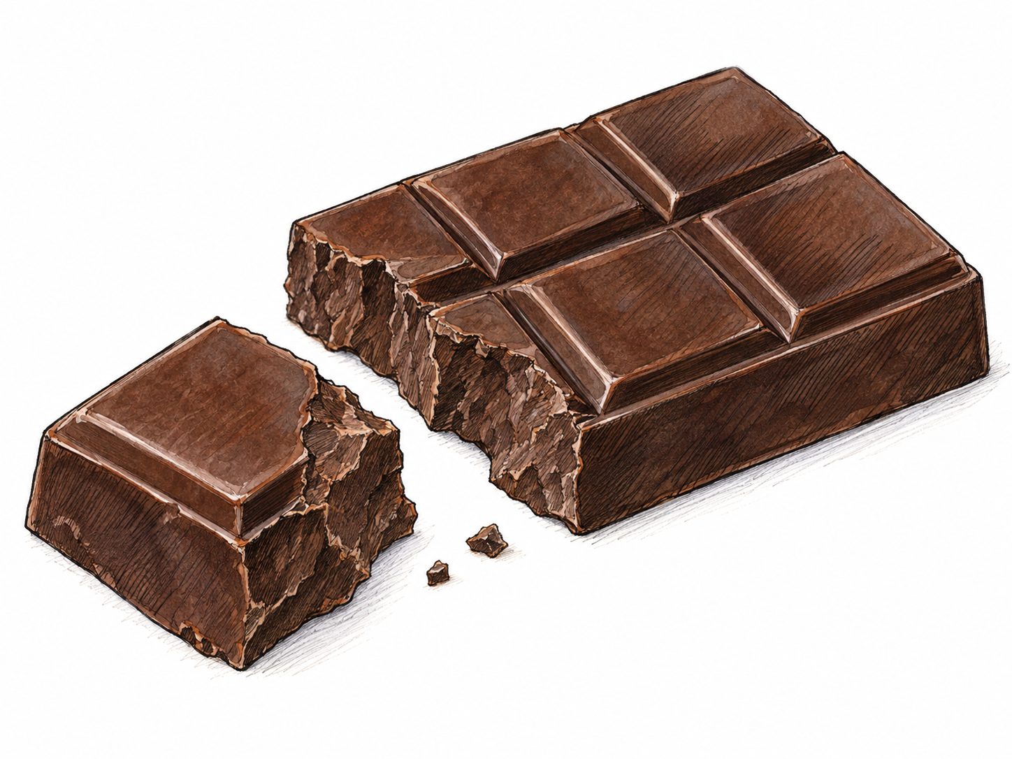 A thick, irregular chunk broken from a larger block of dark chocolate, with matching jagged fracture faces visibly linking the detached piece to the missing corner.
