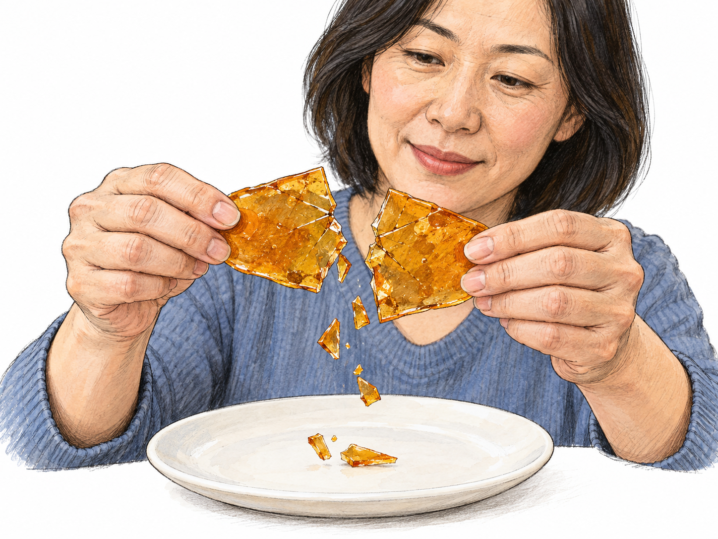 A woman gently snaps a thin, rigid sheet of amber hard candy between her fingertips.