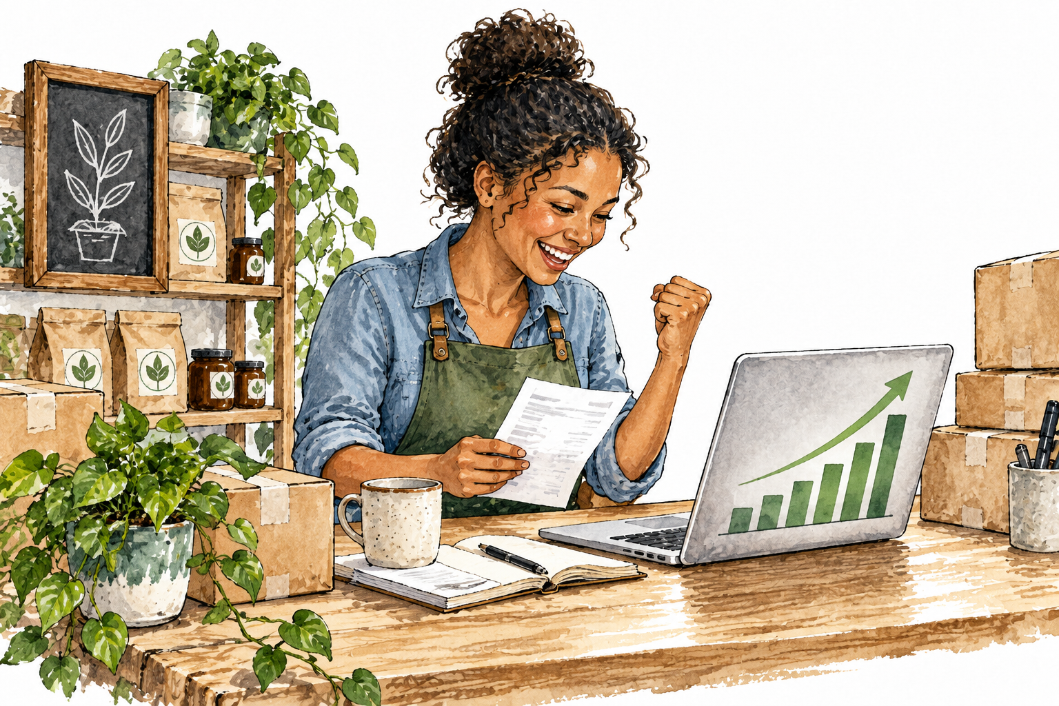 A thriving small business owner reviews plentiful sales and a clearly rising profit bar chart.
