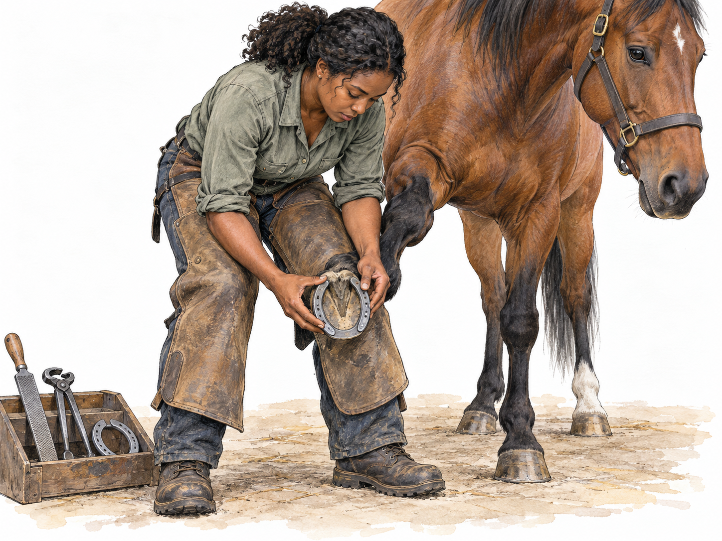 A farrier fits a metal horseshoe to a horse’s raised hoof, with hoof-care tools close at hand.