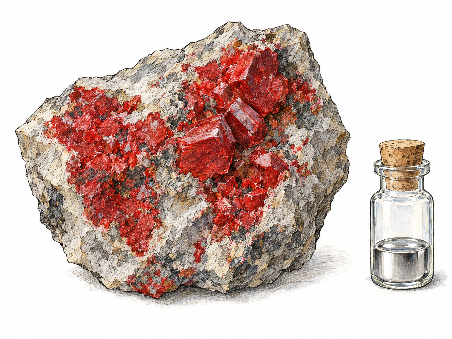 A close-up mineral specimen with vivid vermilion-red cinnabar crystals embedded in pale gray host rock, accompanied by a small sealed glass vial containing silvery liquid mercury.