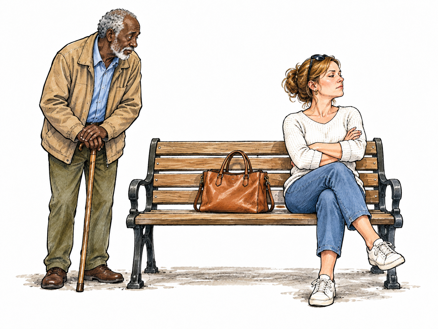 A seated adult deliberately turns away and keeps her bag on the only spare bench space while a tired older person stands nearby asking to sit.