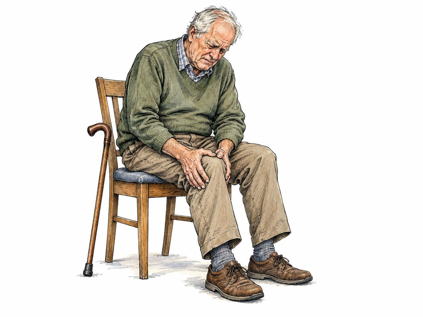 Person with chronic painful knee rests hand on knee while seated beside walking cane, distress evident without caricature.