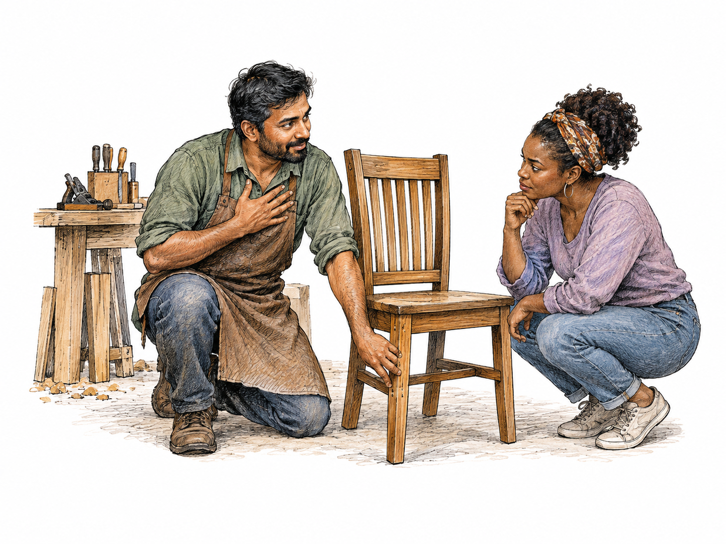 A craftsperson firmly vouches for a repaired chair’s soundness to a cautious customer, one hand on chest and other hand demonstrating the sturdy joined leg, direct assured eye contact.