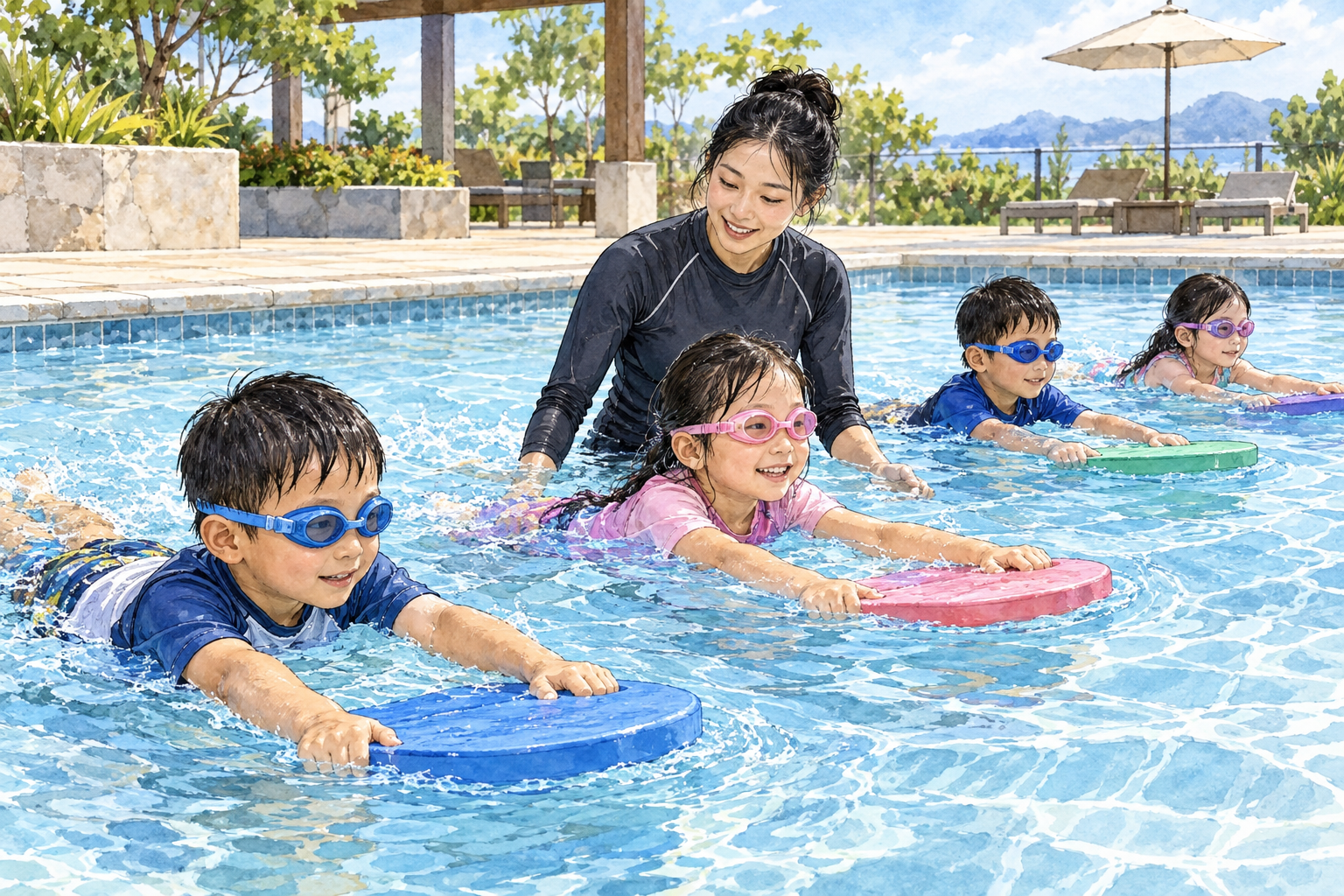A swimming instructor closely oversees children practicing in a shallow pool, attentive adult supervision and safe spacing.
