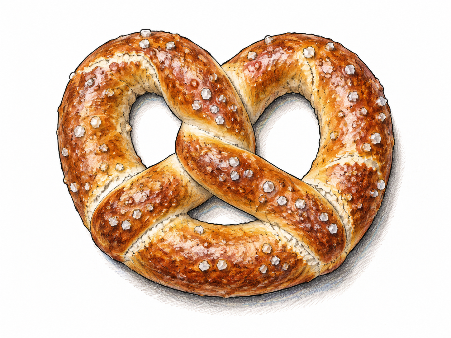 Single golden-brown soft pretzel in traditional three-opening knot, coarse salt flecks and crisp ink contour; modest shadow, no packaging.