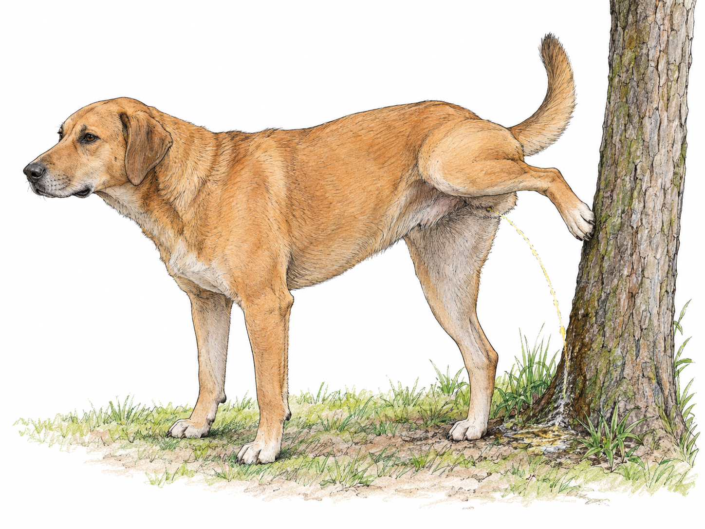 A dog lifts one hind leg beside a tree, with a clearly visible thin stream of urine reaching the bark and a small wet patch below.