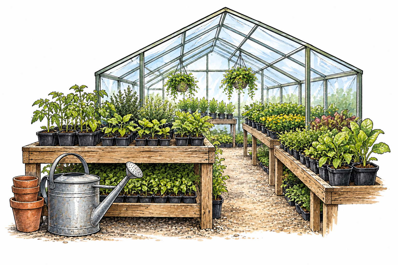 A plant nursery with rows of young potted seedlings under greenhouse glass, watering can and carefully tended plants.