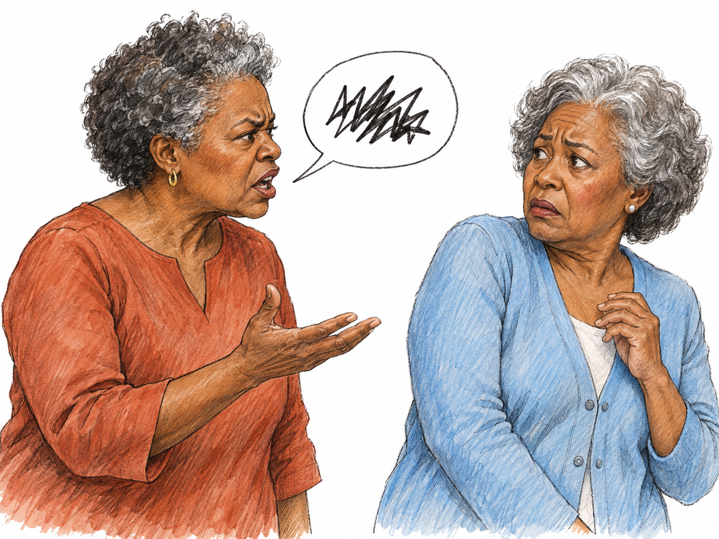 An older woman angrily utters a curse toward another older woman, who recoils at the offensive remark.