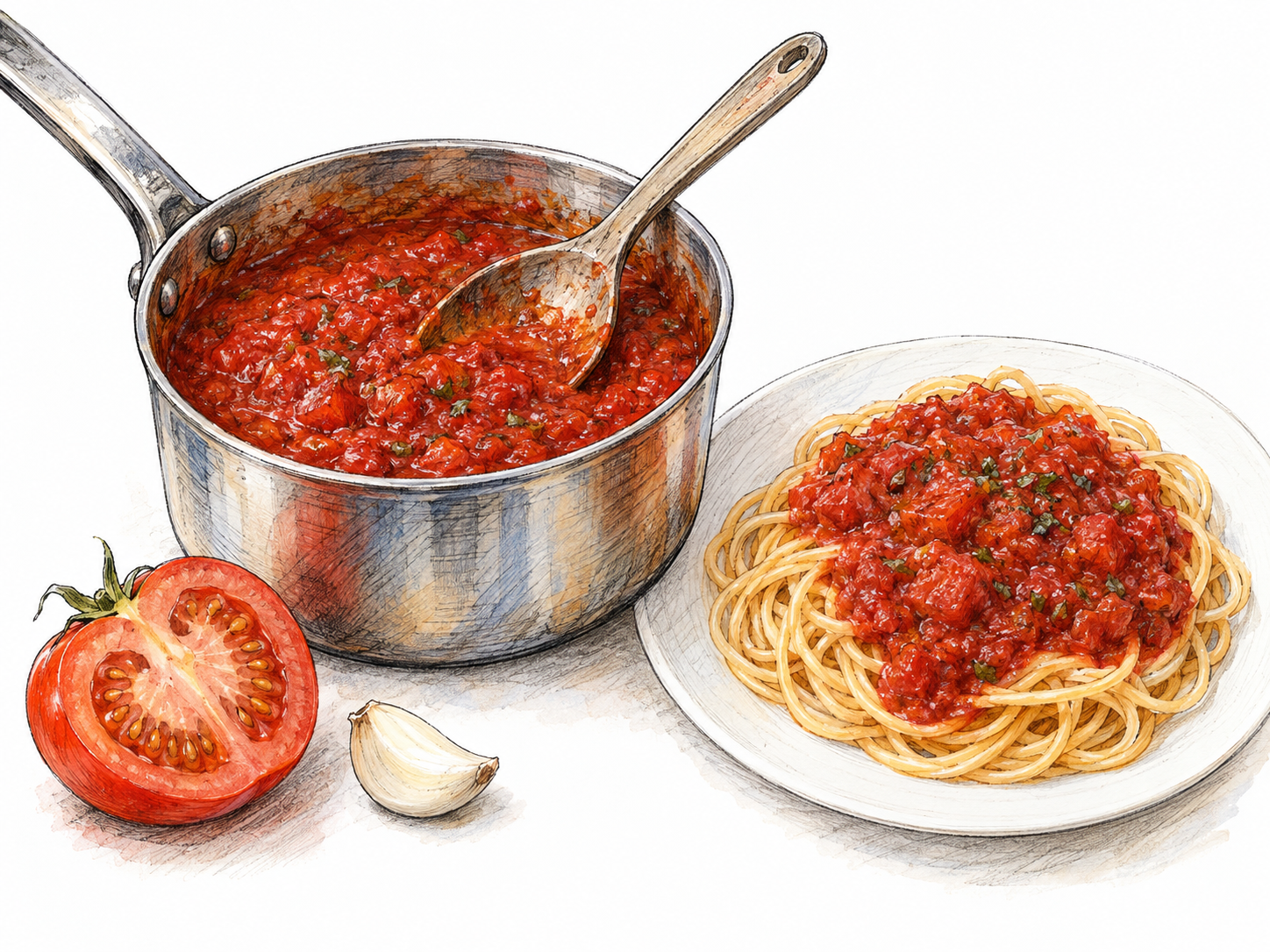 A small open saucepan of chunky red tomato sauce beside a white plate of spaghetti topped with the same sauce, with a halved ripe tomato and garlic clove making the tomato base recognizable.
