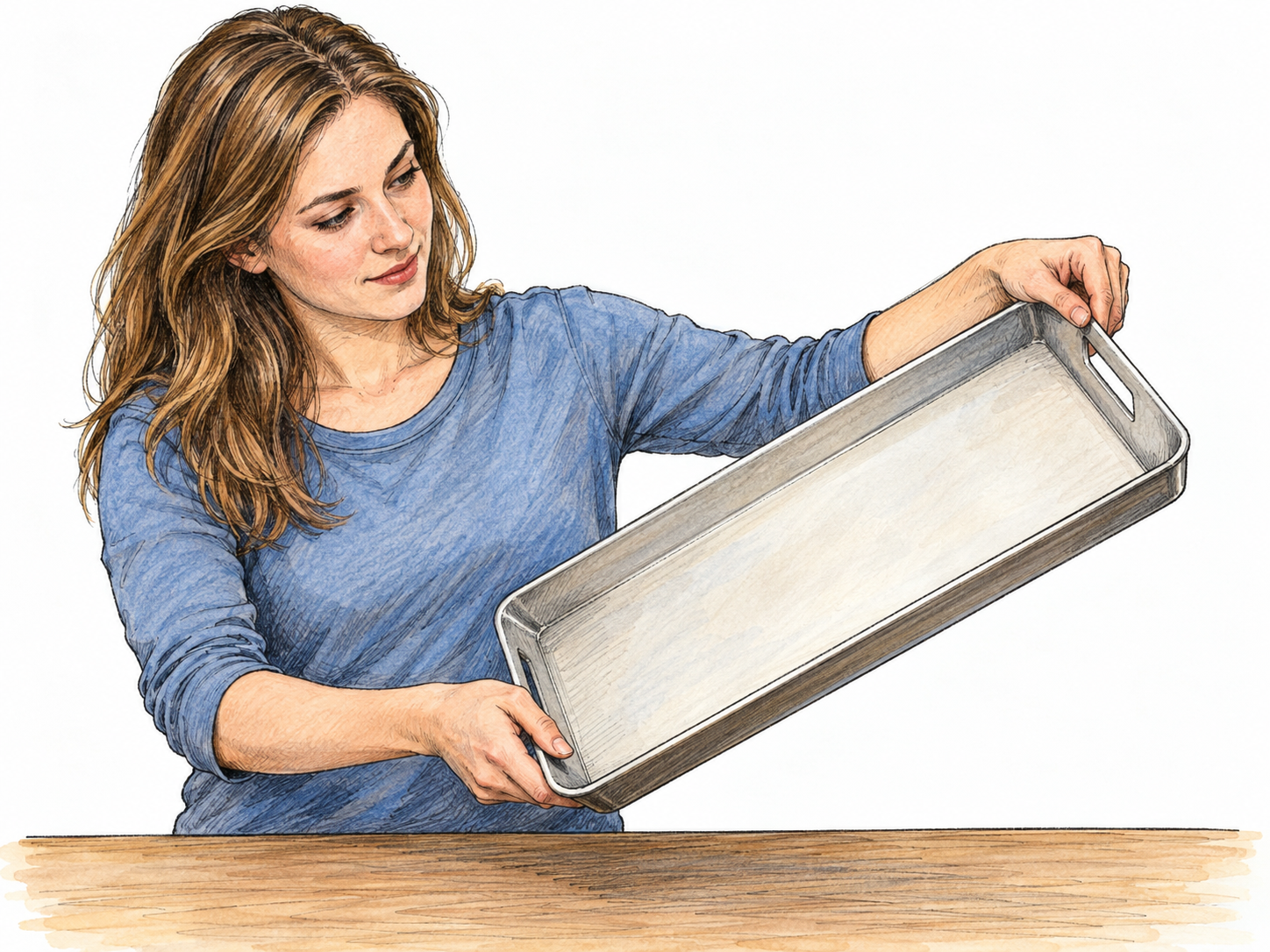 A woman lifts one end of a rectangular tray while keeping the other end low, visibly tilting its surface above a level tabletop.