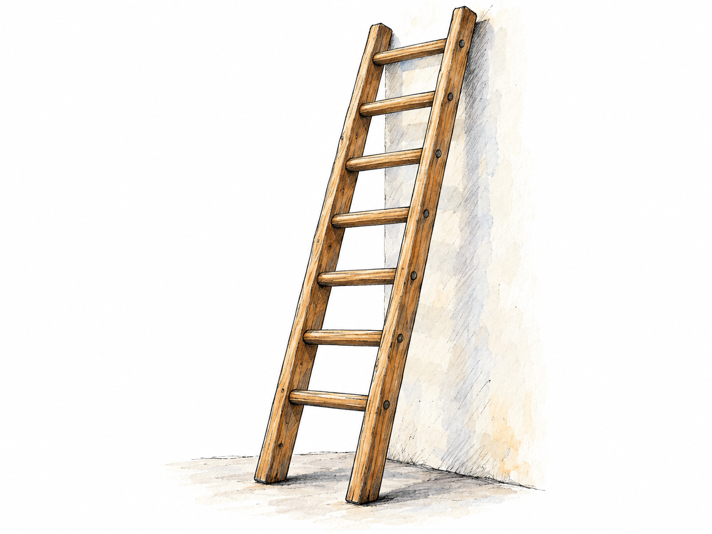 A plain wooden ladder leaning against a short section of wall, with two continuous side rails and evenly spaced climbing rungs clearly visible.