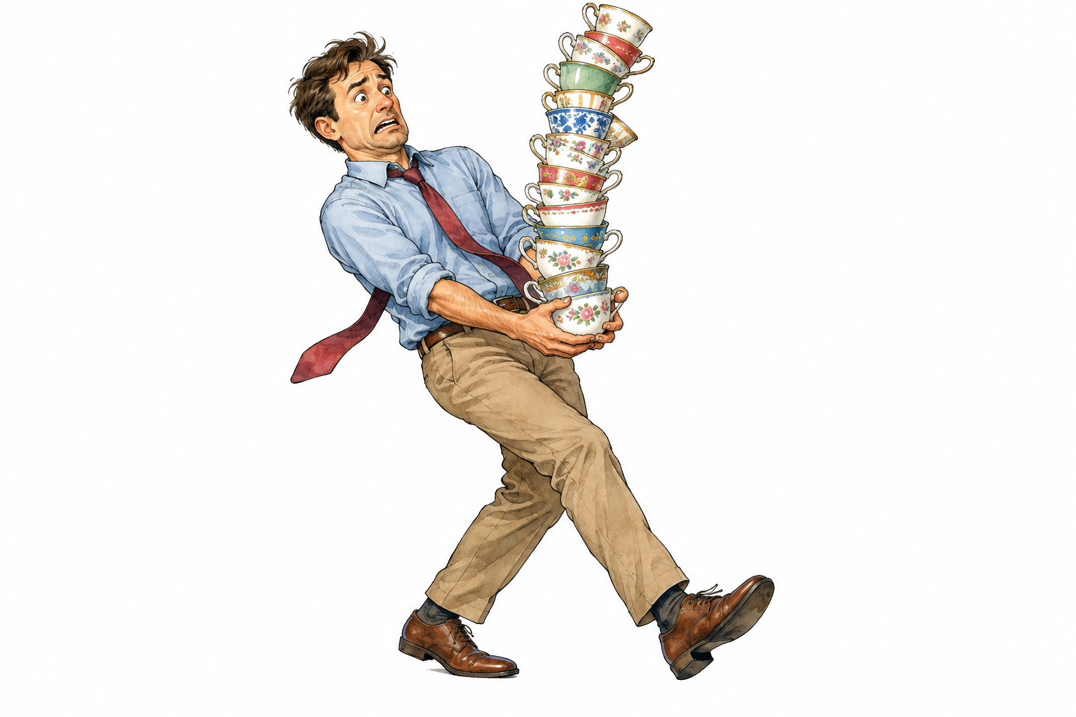 Adult tries to carry far too many fragile cups in one precarious stack, foolish action obvious.