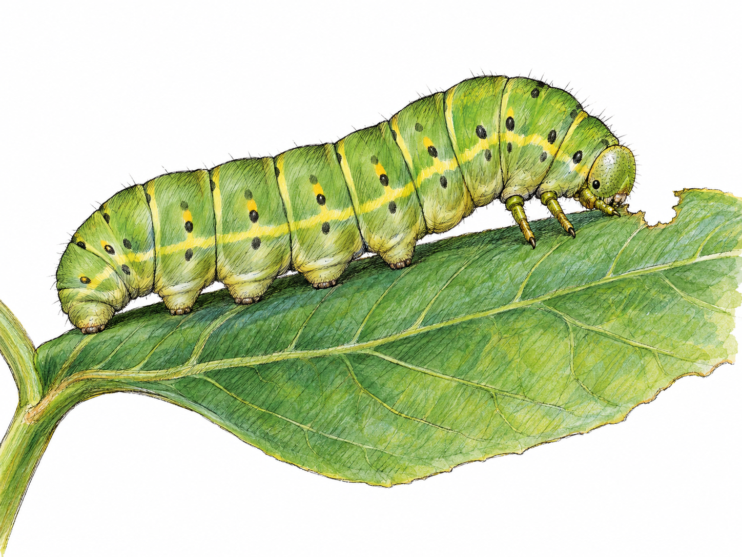 A clearly recognizable caterpillar crawling along and nibbling the edge of a green leaf, with its segmented body, small head, true legs and fleshy prolegs plainly visible.
