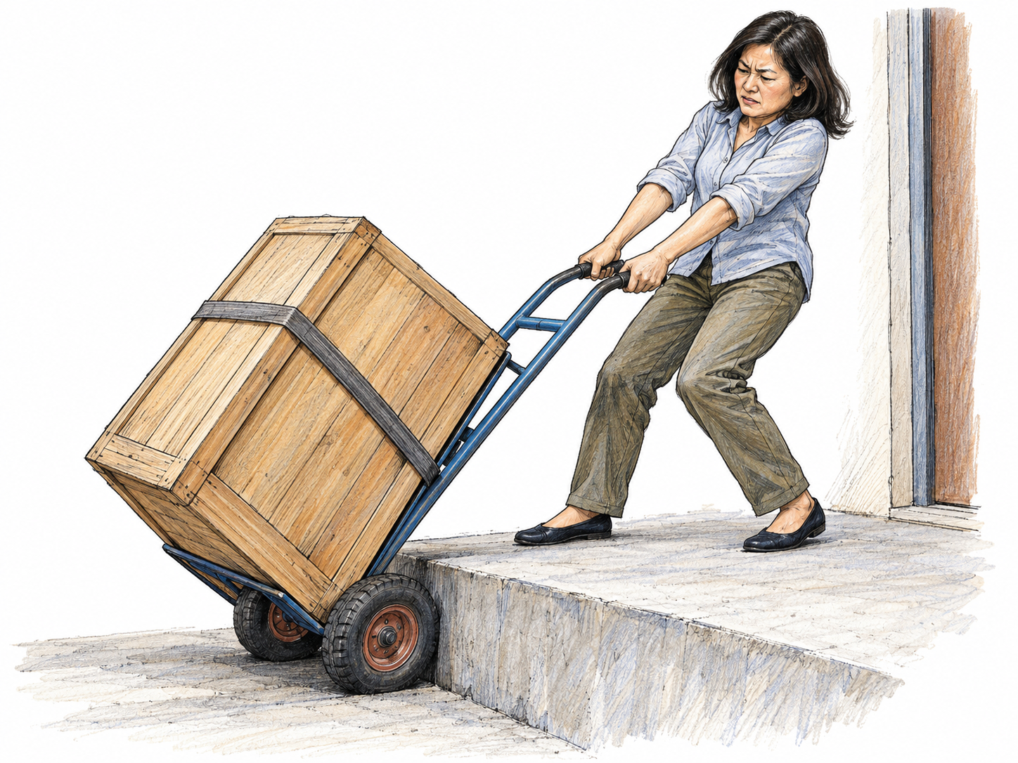 A woman struggles to move a hand truck carrying a plain heavy crate up a doorstep: its wheels are visibly blocked against the raised edge, and she braces herself while pulling the handles.