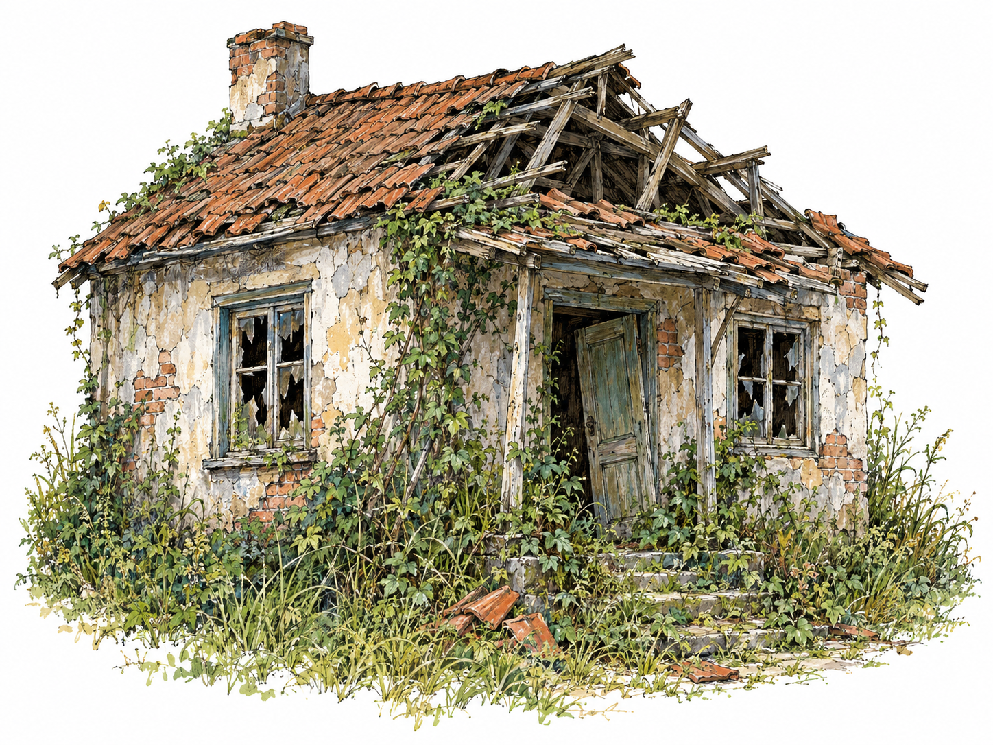 An abandoned small house with a partially collapsed roof, broken windows, a hanging door, and weeds overtaking the entrance visibly combines desertion, prolonged neglect, and deterioration.