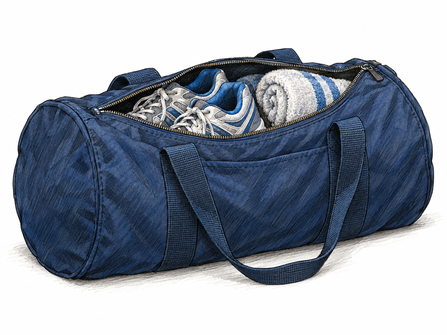 A large cylindrical canvas duffle bag shown in three-quarter view, with circular ends, paired carrying handles and a partly open lengthwise zipper revealing sports gear.