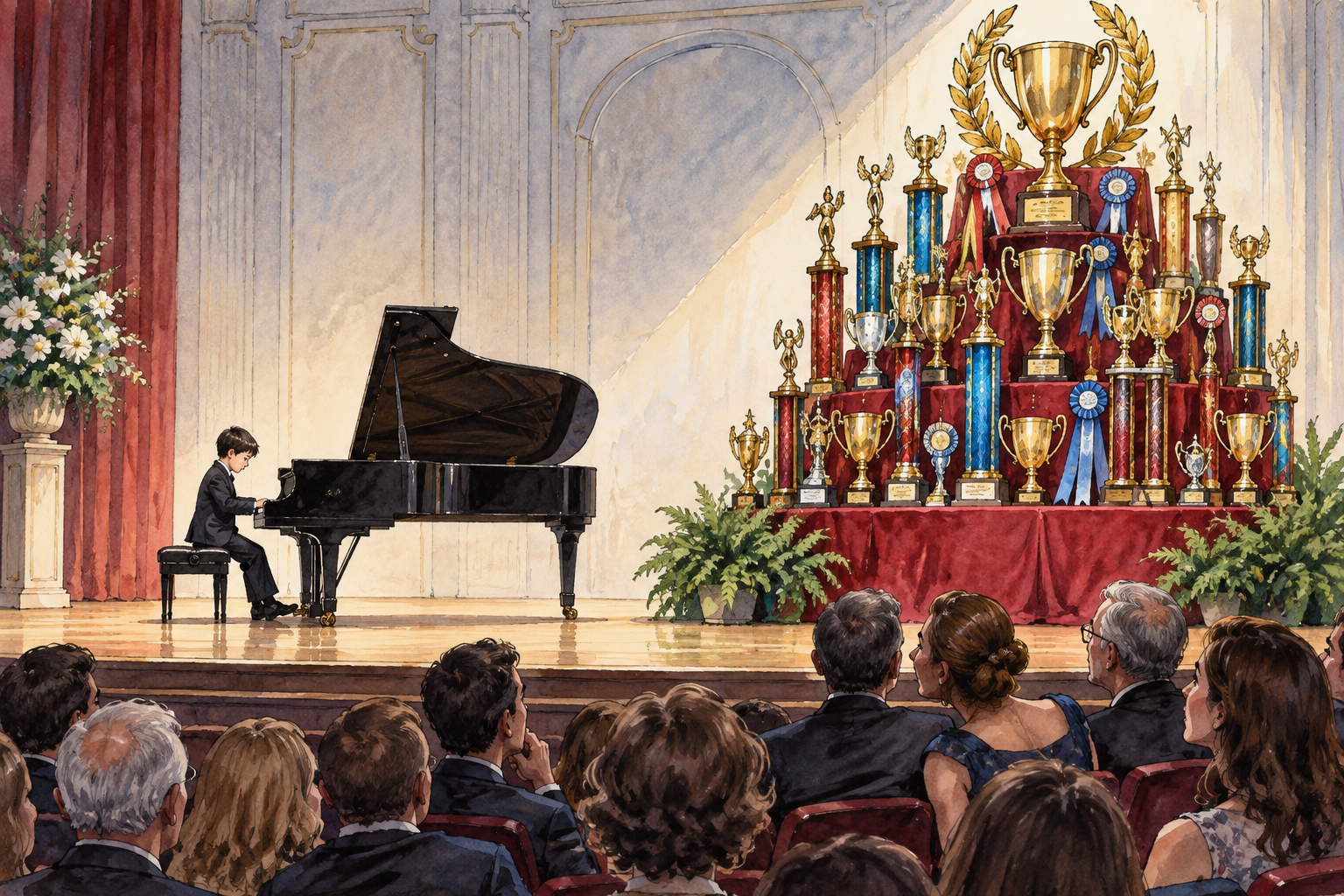 Small musician performs at piano while towering colorful award display beside stage draws audience gaze away, overshadowed achievement visually clear, no lettering.