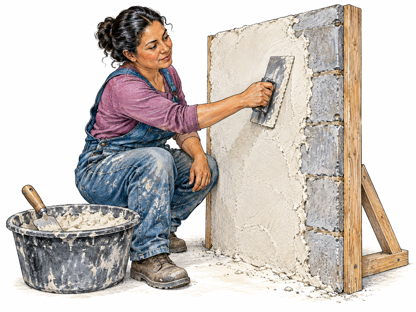 A plasterer draws a flat steel trowel across a patch of pale stucco on a small freestanding wall section; wet textured coating and underlying masonry visible side by side.