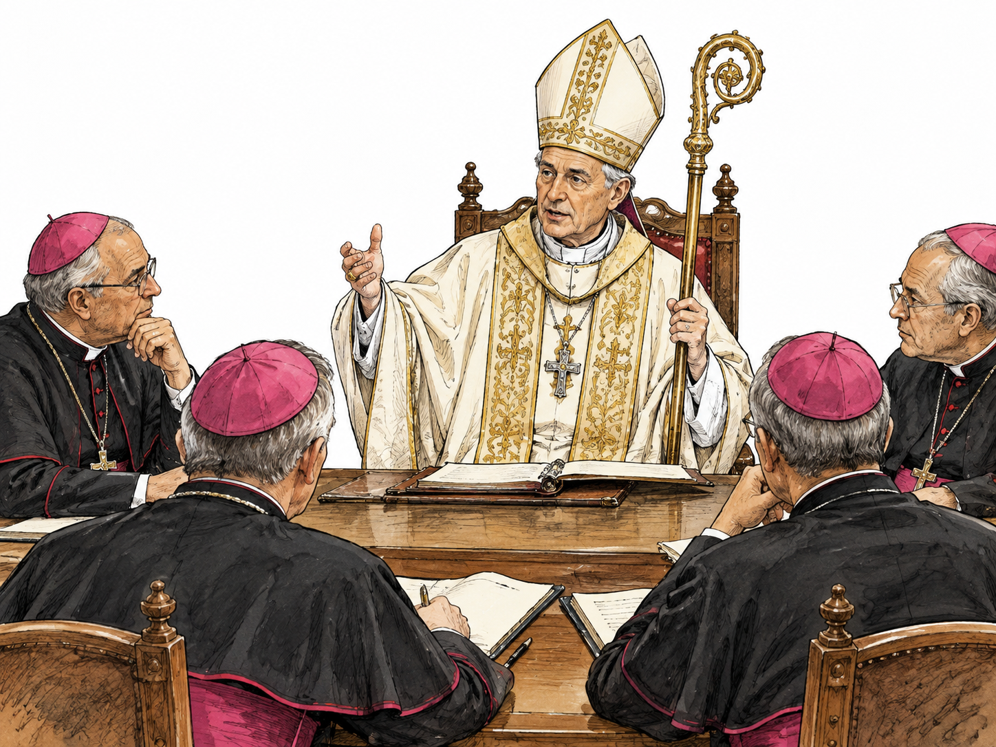 Archbishop in mitre presides over meeting with other bishops.