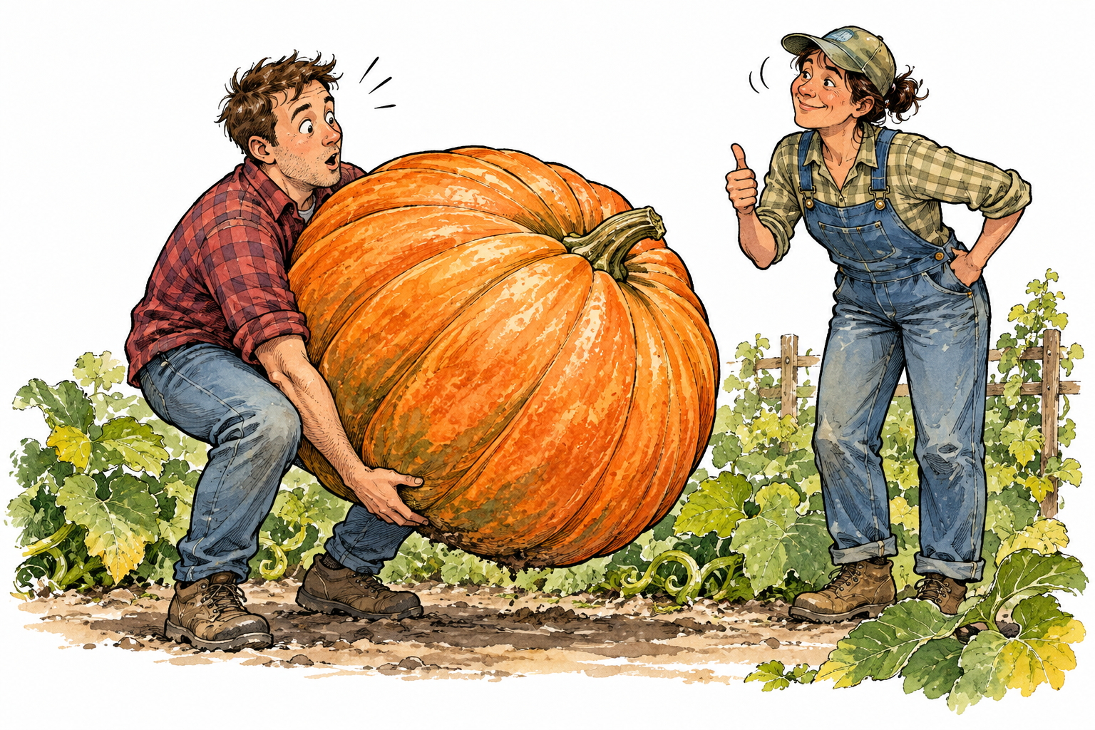 A skeptical person verifies a friend's claim of enormous homegrown pumpkin by seeing and lifting it with surprised confirming nod; visible truth and emphatic confirmation, no writing.