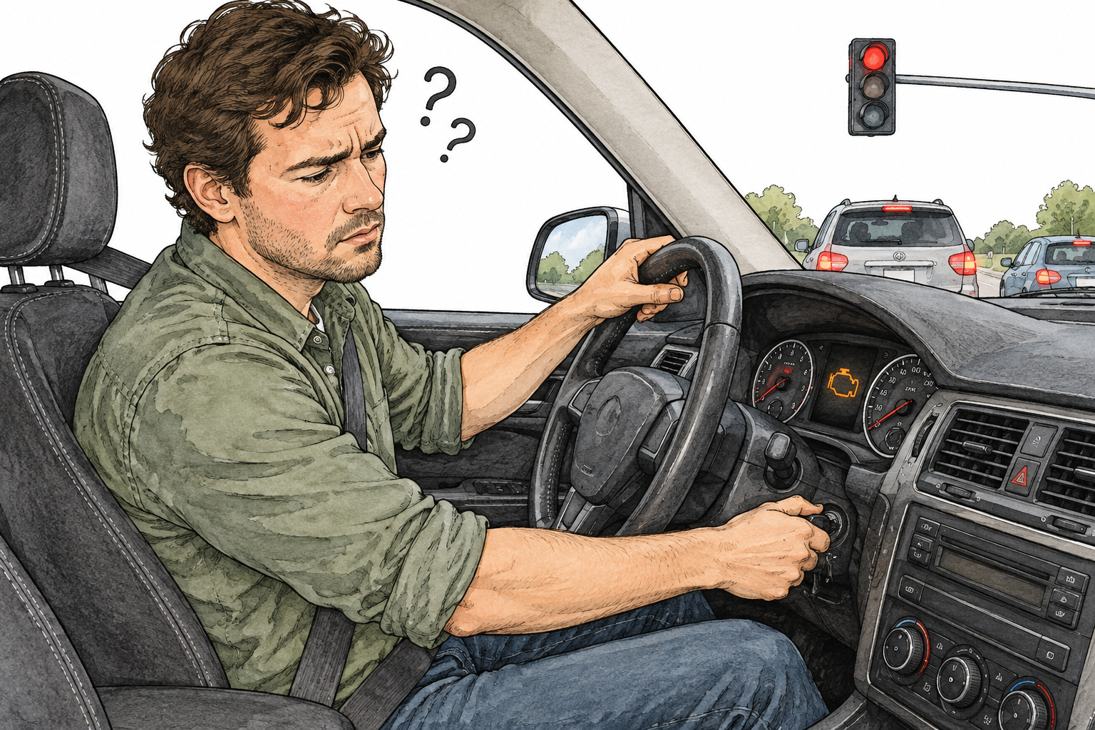Car engine stalls at intersection, driver turns key puzzled, small dashboard engine icon, vehicle stationary.