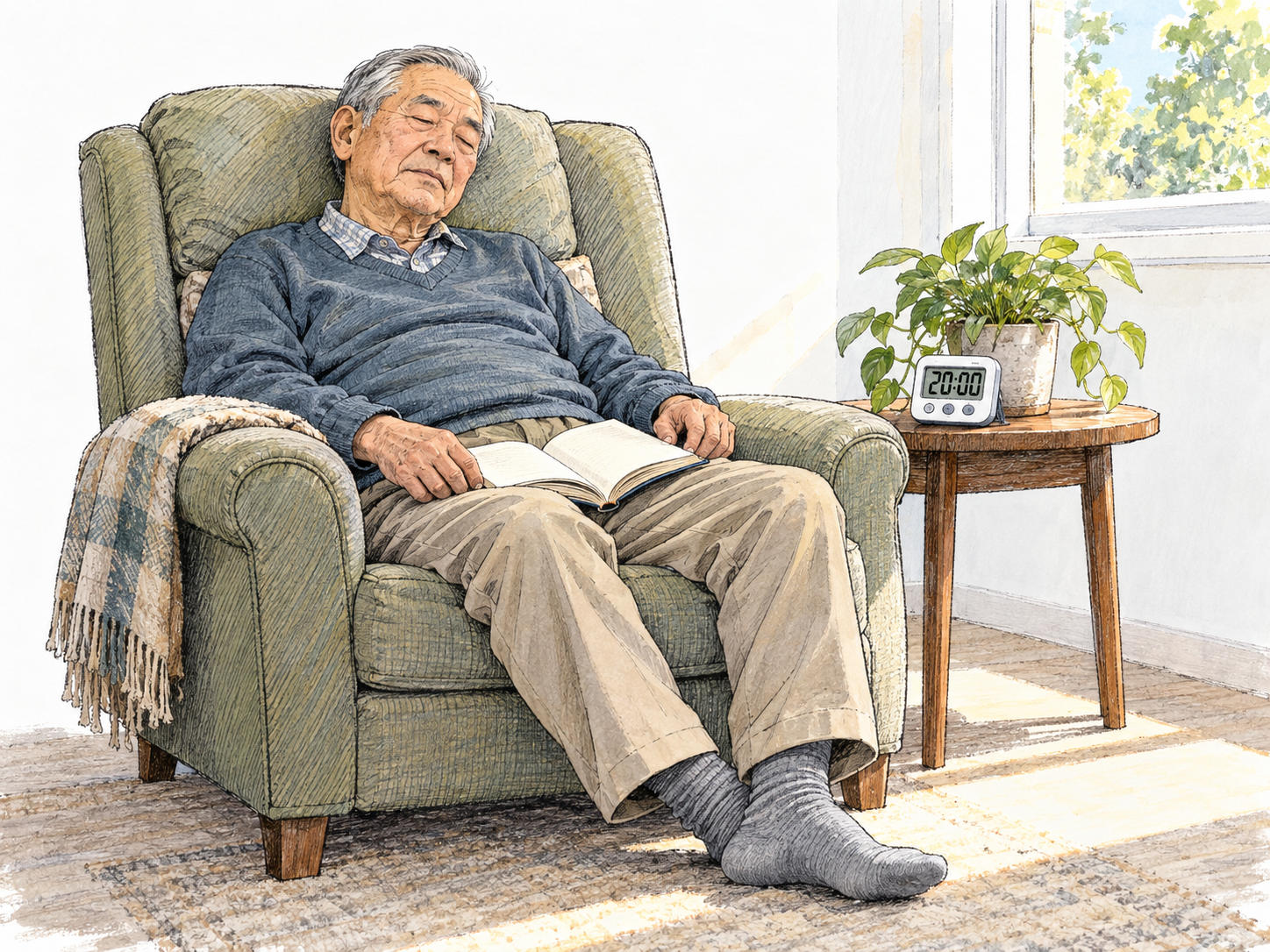 An older man takes a daytime nap in an armchair, still dressed, with closed eyes, a relaxed posture and an open book resting in his lap.