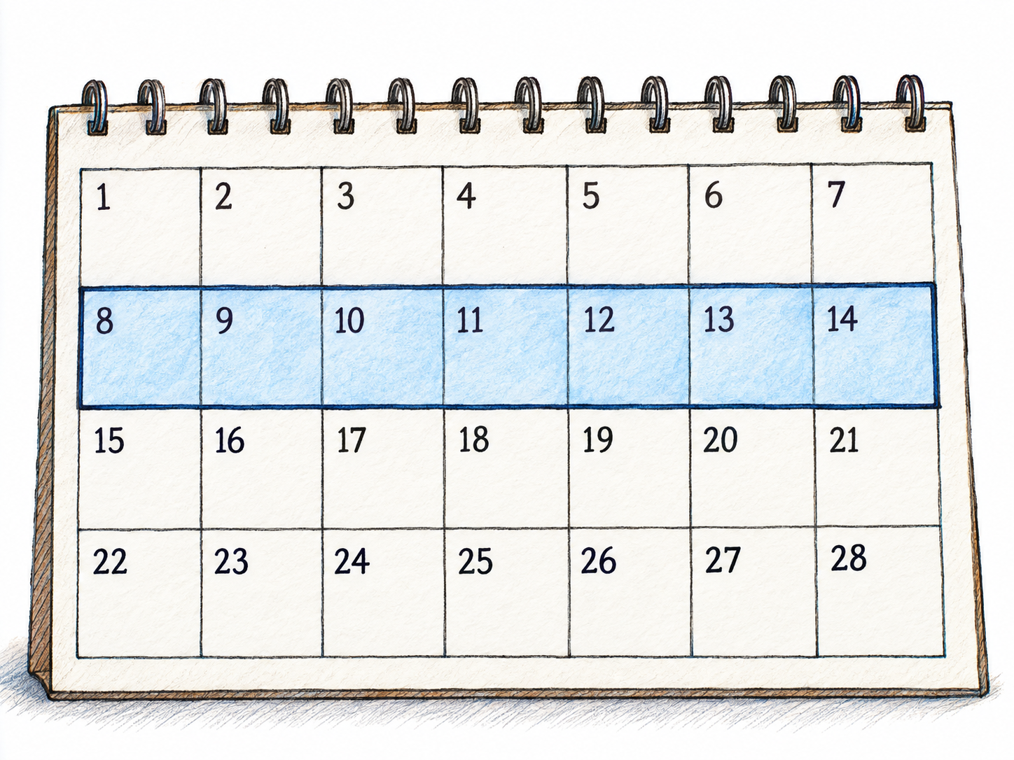A simple monthly calendar with one complete row of seven consecutive dates highlighted as a single continuous span.
