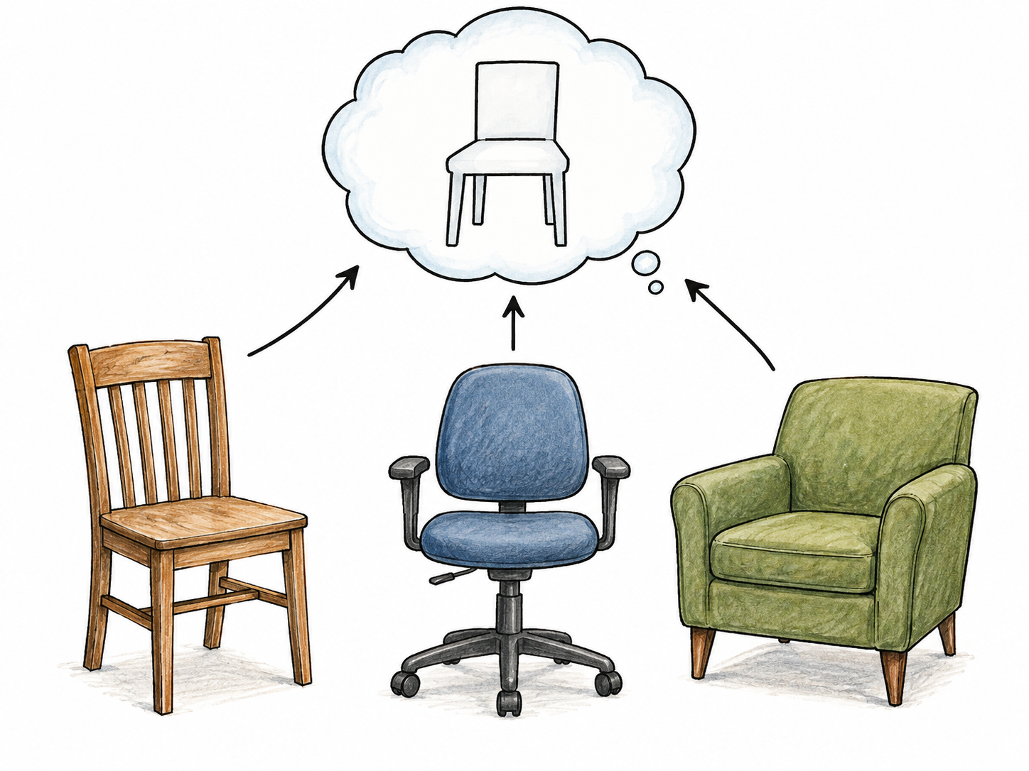 Three different chairs feed via small arrows into one simplified chair outline inside thought bubble, shared mental category rather than specific chair; natural ink object drawings, no words.