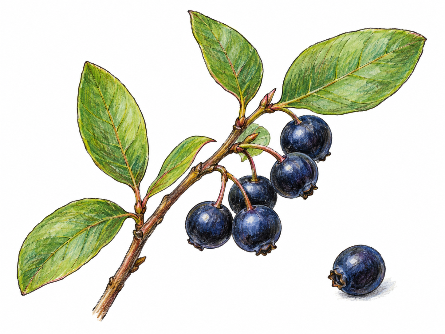 A small black huckleberry shrub twig carries several small round blue-black berries on short stalks and a few alternate oval leaves with smooth un-toothed margins.