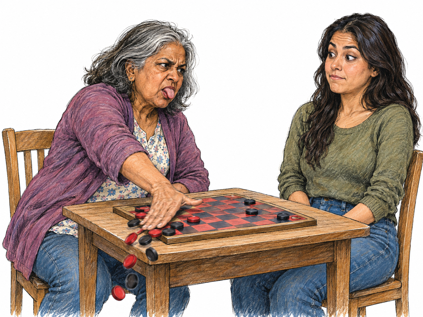 An adult reacts childishly to losing a board game: she sticks out her tongue and petulantly sweeps her remaining pieces off the board while her opponent watches with restrained disbelief.