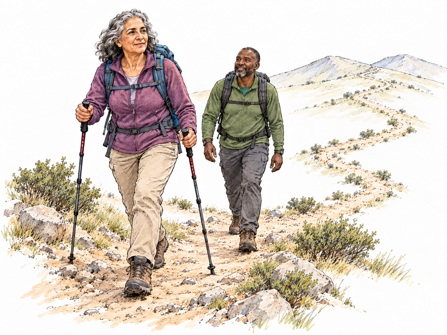 Two equipped walkers follow a winding countryside trail that visibly continues over distant hills, making an extended wilderness walk recognizable rather than an ordinary urban stroll.